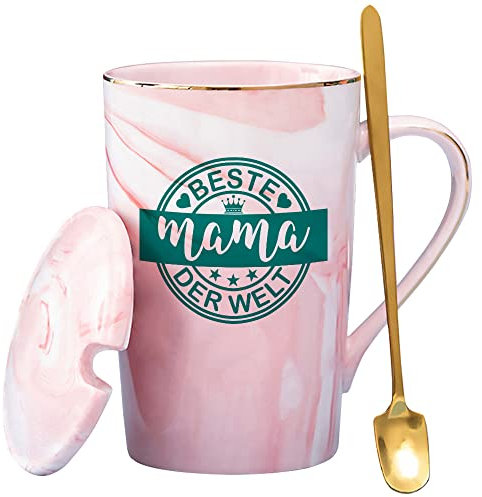 Geburtstagsgeschenke für Mama, Lustige Kaffeetassen für Mutter, Beste Mama der Welt Muttertagsgeschenke, 400ml Keramik Marmorbecher Teetasse mit Deckel, Goldenem Löffel und Geschenkbox (Rosa 02)