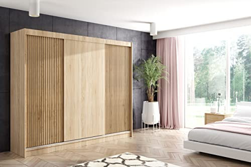 ALTDECOR Kleiderschrank mit Lamel-Schiebetüren, kugelgelagerte Führungsschienen und Aluminium-Leisten - VILAN - 250 cm Sonoma Eiche + Sonoma Eiche + Lamelle Eiche Wotan