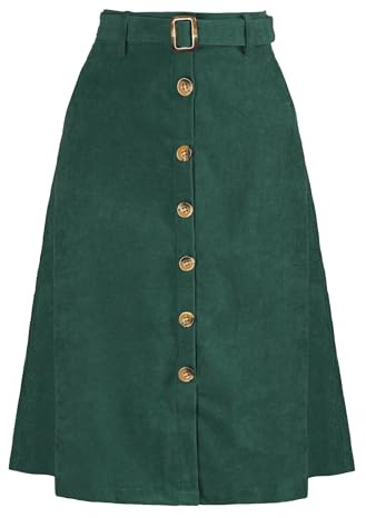 Allegra K Faldas midi de cintura alta para mujer, falda acampanada de pana con cinturón frontal y botones, verde oscuro, 48
