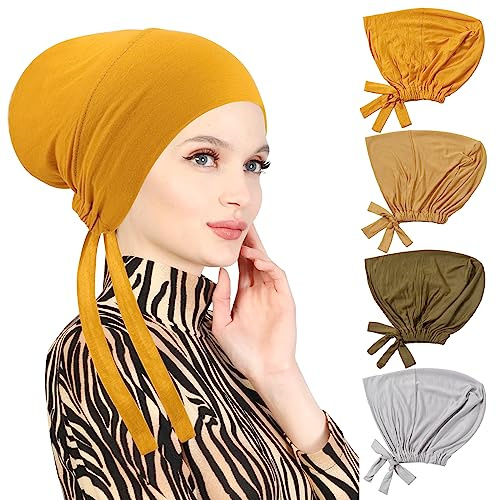 PHOGARY 4 Stück Frauen Undercap Hijab, Islamische Muslimische Unterschal Hijab Cap mit Tie Back Closure Solid Color Unter Schal Hijab Mütze Turban Kopfbedeckung Chemo Kopftuch Schlafmütze