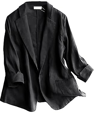 IDEALSANXUN Black Blazer Women Business Casual Cotton Linen 3/4 Sleeve Lightweight Jackets Fall Fashion 2026 Outfits Clothes, Black, XL