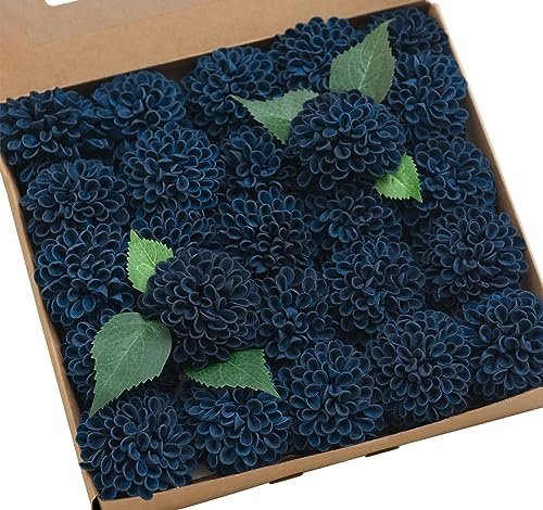 FLCSIed Artificial Dahlia Flowers 25pcs Real Looking Foam Fake Roses with Stems for DIY Wedding Bouquets White Bridal Shower Centerpieces Floral Arrangements Party Tables Home Decoration … (Navy Blue)