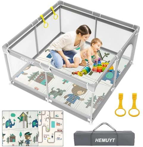 HEMUYT Laufstall Baby 120x120cm, Laufgitter Baby mit Matratze, Baby Laufstall Playpen mit Reißverschlusstür, Laufgitter mit Atmungsaktivem Netz an Vier Seiten, Rutschfeste Basis Laufstall Baby Faltbar