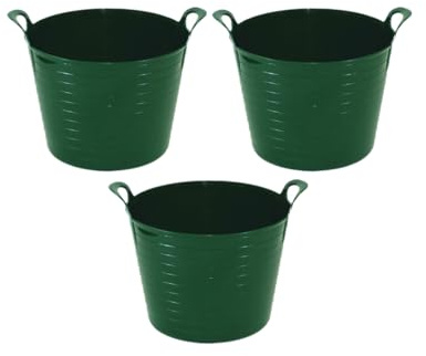 Set Of 3 - DARK GREEN 26 Litre Small Robust Versatile Flexi Tub Toys Storage Bucket Tub Trugs Horse Feeder Polythylene Tub with Handles 31.5 x 38.00 x 31.5cm For Home & Garden.