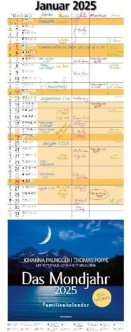 Das Mondjahr - Familienplaner 2025 mit Spiralbindung - Johanna Paungger - Thomas Poppe - Kalender mit Tipps und Symbolen - Mosaik-Verlag - Mit 5 Spalten zum Eintragen - 24,5 cm x 69 cm
