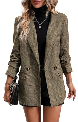 Mina Self 2025 Herbst Damen Plaid Hahnentritt Blazer Jacke Knopf Revers Business Casual Elegant Arbeitsanzug mit Taschen, Plaid-Khaki, XXL