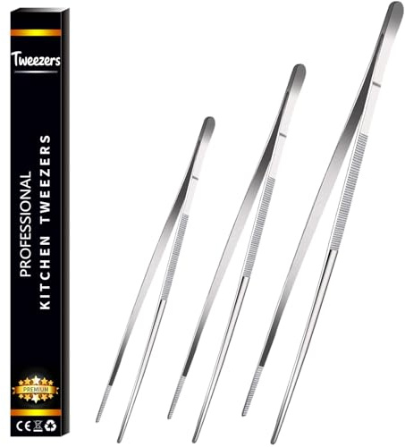 Gloryor® Kochpinzette Edelstahl 20 25 30cm, Küchenpinzette Lang, Pinzette Küchen, Koch Grillpinzette, Fleischpinzette, Kochzange, Zange Küche, Grillzange, Küchenzange, Kochen Zubehör(3Stk. Silber)