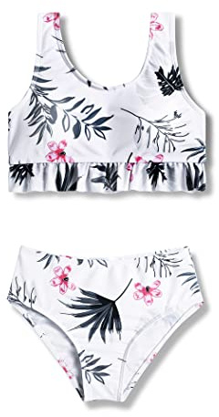 Arshiner Ragazze Bikini Set Ruffle Bustier Bikini Slip Due Pezzi Costume da Bagno Foglie e Fiori Bambini Tankini Estate Spiaggia Surf Costume da Bagno Set 5-6 Anni