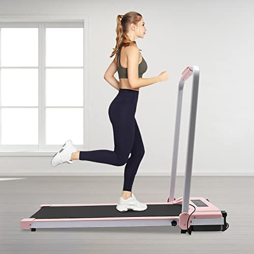 Fällbart löpband, 130 x 55 cm elektrisk löpband för hem eller kontor, upp till 100 kg lastkapacitet med 90° vikbar ledstång och LED-skärm, motoriserad träningsutrustning, fitnesstreadmill (rosa)