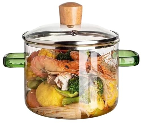Glass Cooking Pot with Lid, Clear Simmer Pot, 1500ml Heat-Resistant Borosilicate Glass Cooking Pan, Transparent Glass Saucepan Stockpot with lid and Double Handles(Green,1500ml)