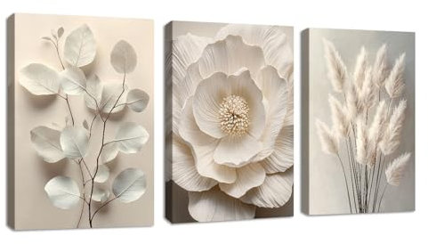 3Pcs Neutral Beige Floral Plant Canvas Wall Art, Boho Textured Flower Botanical Framed Wall Painting Pictures Blossom Wall Decor Poster Prints for Bedroom Living Room Office Ready to Hang 30x40cmx3Pcs