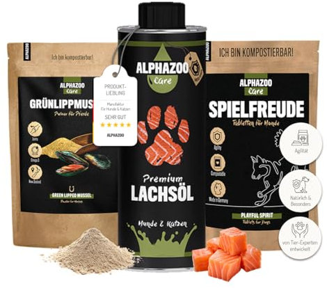 alphazoo Gelenk Kombi für Hunde I Grünlippmuschel-Pulver bei Arthrose & Gelenkschmerzen I Omega-3 Lachsöl & Tabletten für Agility & Bewegung I Hüfte, Gelenke & Knochen