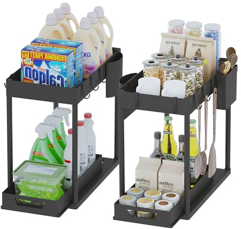 MeisterPro Küchen Organizer,2 Etagen Unter Waschbecken Regal mit 5 Haken Und 2 Tassen Spülschrank Badezimmer Schrank Organizer, ordnungssysteme für die küche