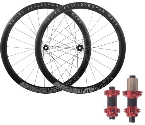 LSRRYD Gravel Hinterrad Vorderrad 700C Rennrad Radsatz 45mm Aluminiumlegierung Doppelwandfelgen Steckachse Lagernaben 7 8 9 10 11 12 Gang Kassette Center Lock Scheibenbremse(Red,700C Gray)