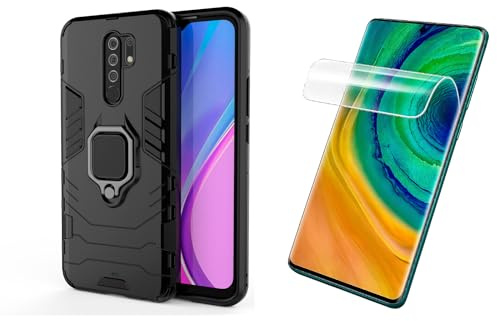 Max Power Digital [Pack] Funda y 2 Protectores Hidrogel para Xiaomi Redmi 9 Carcasa Magnética Anillo Imán Antigolpes con 2 Piezas Protectores Pantalla Gel Alta Definición (Negro)