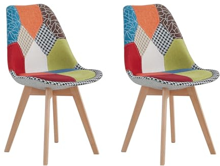 HJhomeheart 2er-Set Esszimmerstühle aus Patchworkstoff mit Beinen aus Massivholz, gepolsterte Esszimmerstühle für Esszimmer, Wohnzimmer, Küche (Rot-Neu)