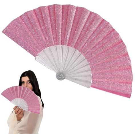 Muorruo Glitzernder Handfächer für Damen mit glänzender transparenter Fächerrippe, großer Faltbarer Handfächer für Hochzeit, Kirche, Festival, Tanz, Party, Abschlussball, Club, Pink