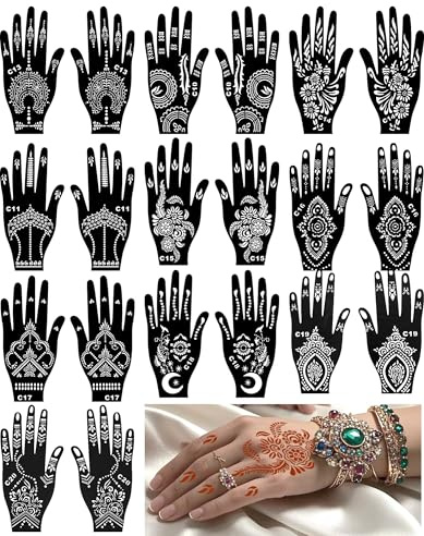Henna-Tattoo-Schablonen-Set mit 20 Blatt, wiederverwendbare Handschablonen für Hand-Glitzer-Airbrush-DIY-Tattoos, indische temporäre Tattoo-Aufkleber, Geschenkidee
