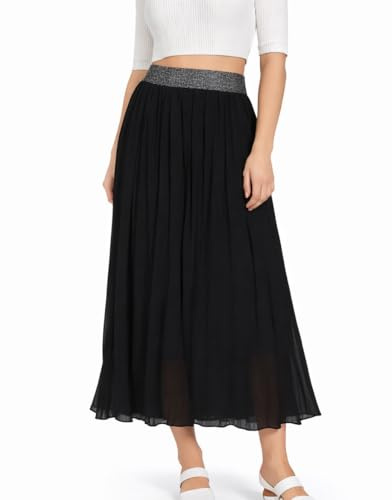 Miss Rouge Jupe plissée Femme midi Fluide – Taille élastique Ceinture pailletée – Jupe élégante Confortable pour Bureau, soirée et cérémonie