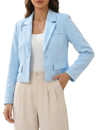 Allegra K Blazer Corto para Mujer con Cuello Entallado Chaqueta de Traje de Manga Larga Americana para El Trabajo Y La Oficina Azul Claro S