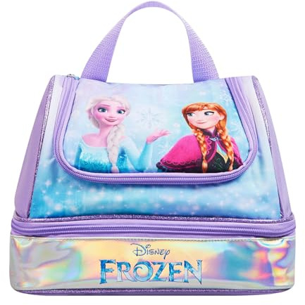 Disney Frozen Girls Lunch Bag Officially Licensed Multi Zip Insulated Lunch Box with Elsa And Anna Print Holographic Base Dual Compartments Easy Carry Handle Purple School Snack Bag