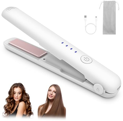 Cordless Hair Straightener, Mini Cordless Hair Straightener & Curling Wand, 3000mAh Battery, USB-C Charging, 4 Temperature Settings Adjustable for Short to Long Hair (White)