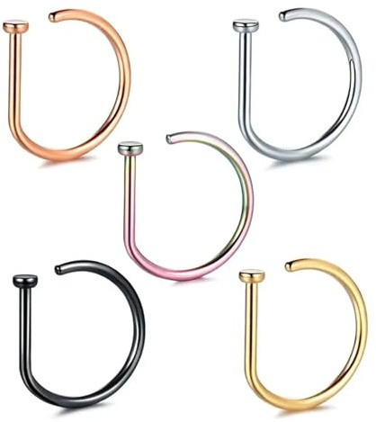 VMDVBNA Aro de Nariz 3/5 piezas de piercings nasales falsos de acero inoxidable 316L, aro nasal con forma de D y clip for el tabique nasal.(Multi-colored 5pcs,20G-0.8mm-10mm)