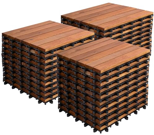 Bliss Outdoors Hardwood 6-Slat Interlocking Deck Tiles, Acacia Wooden Waterproof Patio Flooring for Balcony Indoor and Outdoor, Natural, Set of 30