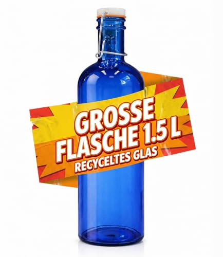 Viste-lo Botella Cristal Vidrio Reciclado Con Tapón Hermético Amarre Metálico Ecológica Resistente Para Agua Zumo Bebidas Frías Uso Diario Lavavajillas Oficina Hogar Cocina Exterior (Azul 1.5 L)