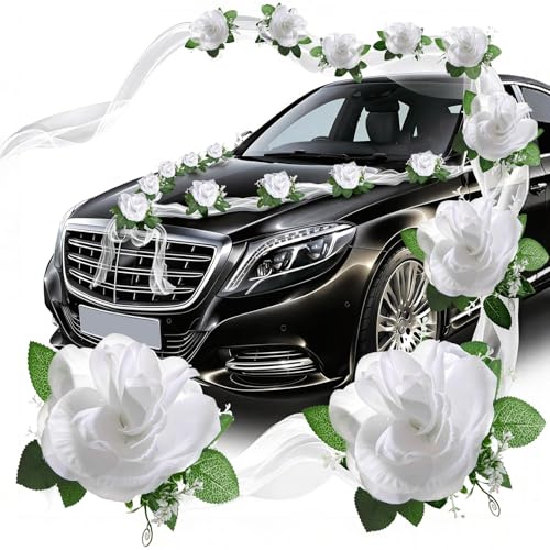 JAOUI Autoschmuck Hochzeit Motorhaube Set, Hochzeitsschmuck Auto, Autoschleifen Hochzeit Auto Deko mit Rosen und Saugnäpfe, Lackschonend und Wetterfest für Hochzeitsauto, Just Married Girlande