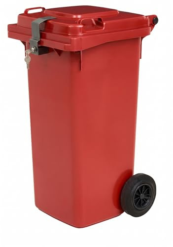 ENTIGO Cubo de basura de 120 L + cierre para cubos de basura, protege tus residuos, contenedor de basura con tapa y cerradura para cubo de basura, cierre para cubos de basura de metal (rojo)