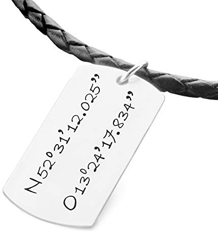 Herrenkette Lederkette Herren Gravur Silber Leder GEO TAG Silberanhänger mit Koordinaten Geschenk für Männer personalisiert