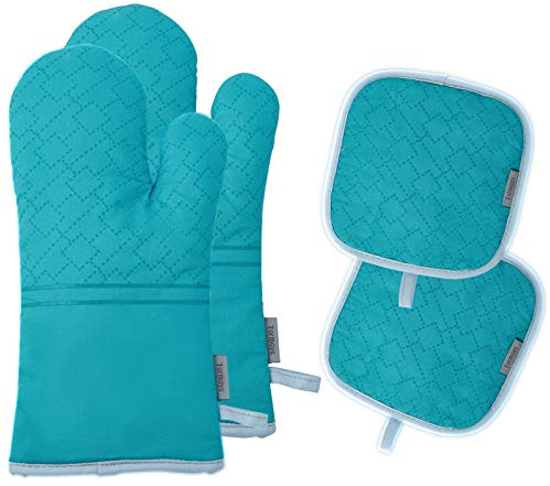 Tormays 572F Ofenhandschuhe und Topflappen-Set, hitzebeständig, weiches Baumwollfutter mit rutschfester Oberfläche für Küche, Backen, Grillen, Türkis, 4-teilig