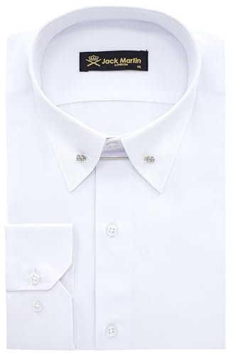 Jack Martin London White Pin Collar Formal Shirts for Adult Men | Mens Long Sleeve Dress Shirt with Collar Bar (White Oxford,S)