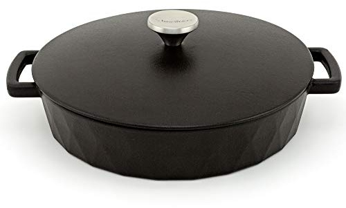 HearthStone Cookware - Cocotte baja Diamond de Hierro Fundido Esmaltado, Negro satinado, 28 cm, 3.8 l. Para Todas las Superficies, incluyendo Inducción y Horno.