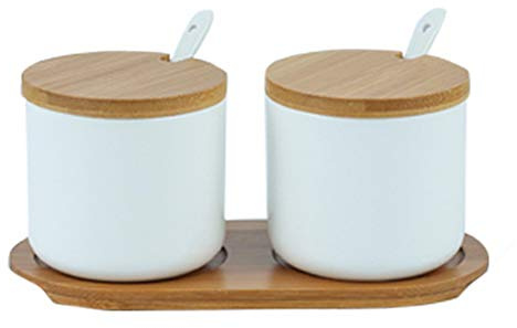 OnePine 2er Set Keramik Gewürzdosen Salztopf Keramik Zuckerdose Gewürzgläser mit Löffel und Bambus Deckel für Tee Zucker Salz Gewürze