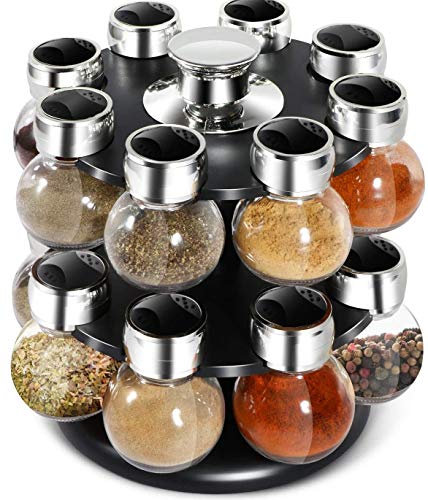 16-Jar Kitchen Spice Rack 3 Oz Glass Jars Orbit Spice Rack Jars with 2 Tier Revolving Countertop Carousel Herb