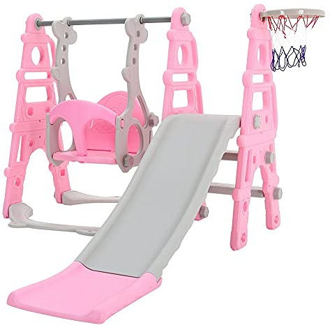 FUKEA Kinderrutsche für Outdoor & Indoor Baby Rutsche 4 in 1 mit Schaukel Basketballkorb Kletterleiter Mini Rutsche Set Kinder Spielplatz Baby Schaukel Kinderschaukel Rosa