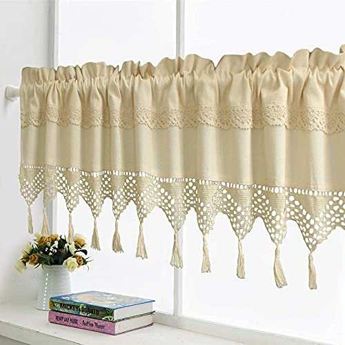 choicehot Baumwolle-Leinen-Bistrogardine-Beige Scheibengardine Handgehäkeltes Küchenvorhänge mit Quaste Kurzer Gardinen Privatsphäre Fenstervorhang Landhausstil, 1 Stück, H45xB150cm