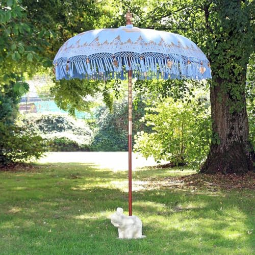 Oriental Galerie Sonnenschirm Bali Schirm 180 cm Hellblau Gold Bemalung Fransen Gartenschirm Baumwolle Sonnenschutz Handarbeit Dekoschirm Model Sophie