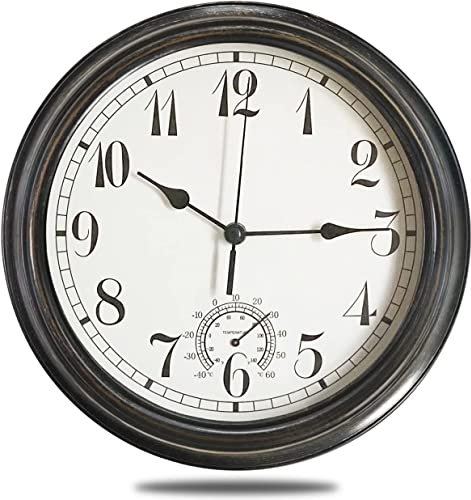 Large Garden Clocks Outdoor Waterproof, 12 Inch Wall Clock with Thermometer, Weather-Resistant Non-Ticking Battery Operated Vintage Decor for Patio, Pool, Lanai, Fence, Porch