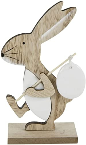MichelToys Deko-Hase aus MDF Holz für Osterdeko, Osterhasen-Figur mit Ei zum Hinstellen, Maße 12,5x6,5x4cm, putzige Deko für Ostern Osterhase