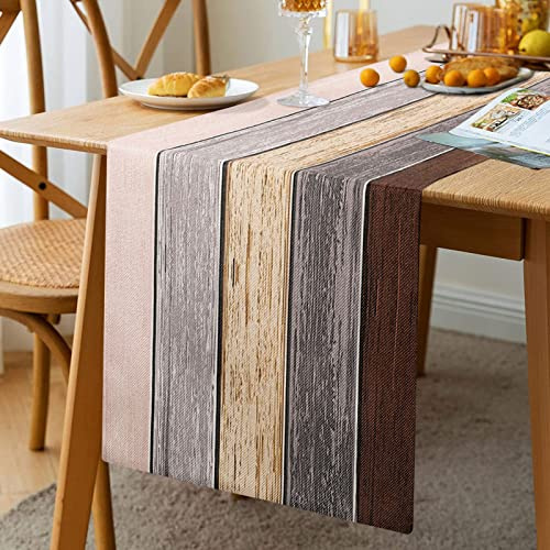 Runner da Tavolo Moderno Runner Primaverile Estivo Tavola in Legno Con Venature del Legno Decorazione Per Sala da Pranzo Cene in Famiglia Vacanze Feste Estive 33X183 cm (Marrone Sfumato Grigio Beige)