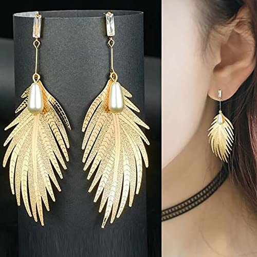 TseenYi Gold Blatt Ohrringe Ohrstecker Lange Feder Blätter Ohrringe Boho Perle Anhänger Ohrringe Lange Blatt Feder Ohrringe Kristall Ohrstecker Schmuck Für Frauen Und Mädchen