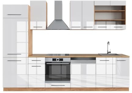 Vicco Küchenzeile Fame-Line, Weiß Hochglanz/Goldkraft Eiche, 300 cm | 8 Module · Höhenverstellbare Füße · Ohne Arbeitsplatte · MDF-Fronten · Softclose · Metallgriffe