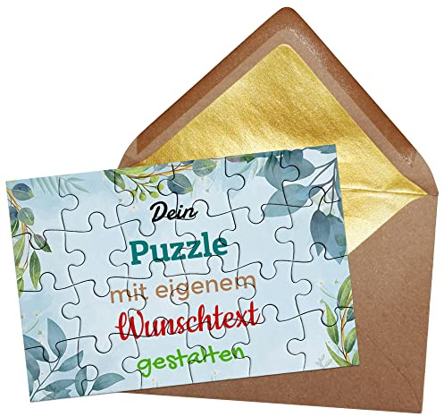 Puzzle selbst gestalten mit Text - 24 Teile Puzzle Personalisieren mit Wunschtext, inkl. Briefumschlag mit Gold-Inlay | Hintergrund Blau mit Pflanzen