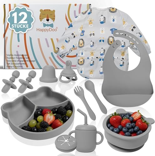 HappyDoo Vajilla Bebé Silicona 12 Piezas | Plato Ventosa + Bol + Vaso + Cubiertos + Baberos Impermeables + Chupete Fruta | Antideslizante, BLW, Libre de BPA | Apto Microondas y Lavavajillas