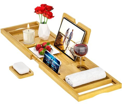 Vassoio per vasca da bagno, in bambù, espandibile, adatto alla maggior parte delle vasche da bagno