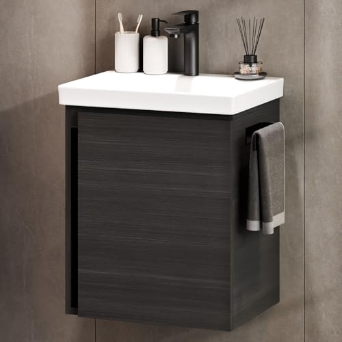 Planetmöbel Waschtisch mit Unterschrank 50 cm, anthrazit | inkl. Waschtischarmatur schwarz, Badmöbel Set für Gäste Bad und WC, hängend