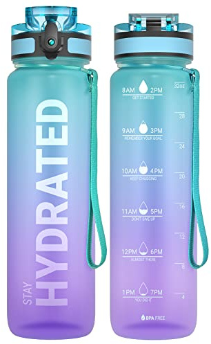 Sahara Sailor Leakproof Water Bottle 1L, Tritan BPA Free Motivational Sport Drinks Bottle with Clear Time Marker, Lock Cover, Easy Clean Brush, Durable for Gym, School, Hiking, Cycling (1 Bottle)
